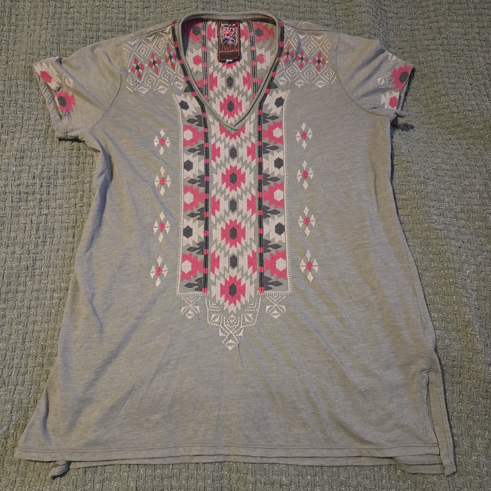 Johnny Was Light Sage Green and Pink Embroidered Short Sleeve Top